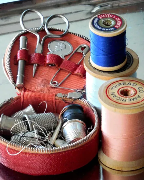 A sewing kit with thread, scissors and pins.