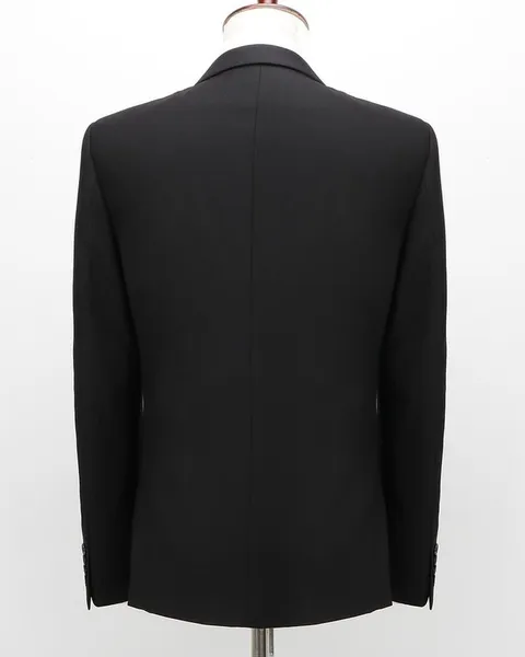 A black blazer photographed front-on against white.
